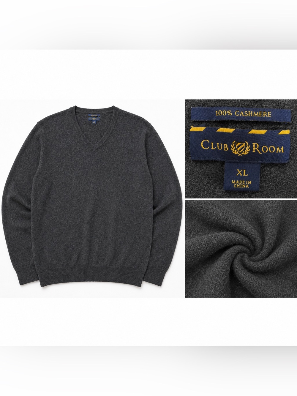Club Room Mens XL 100% Cashmere V-Neck Sweater Pullover Gray